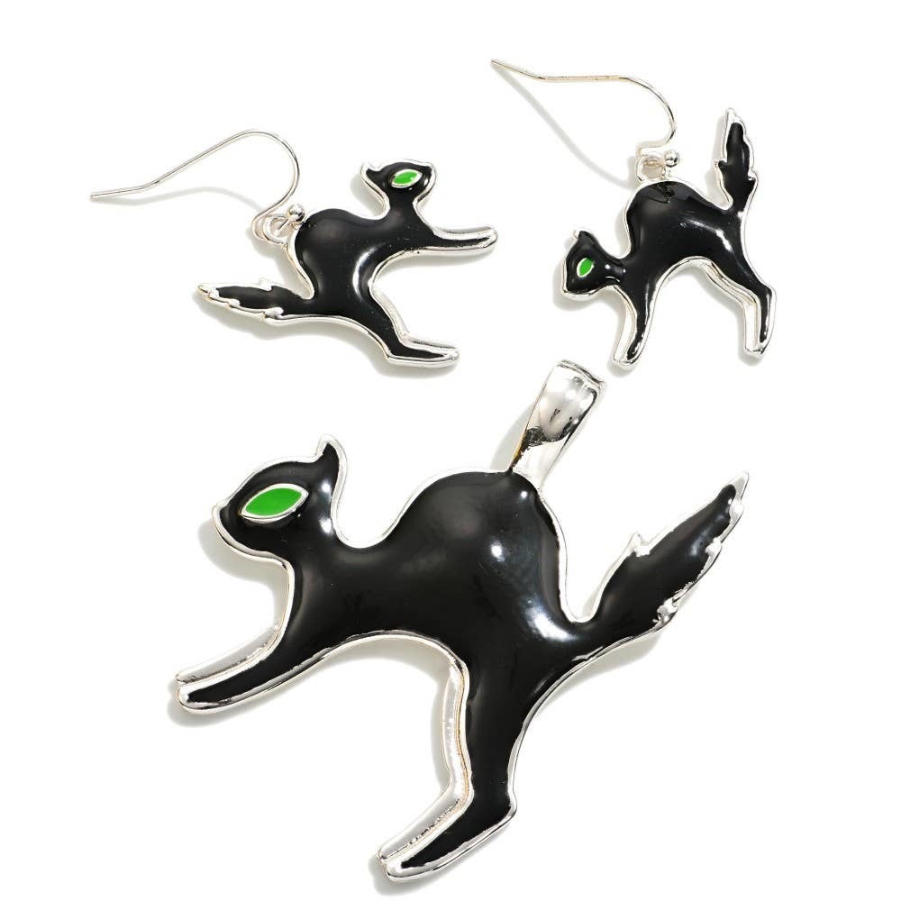 Enamel Black Cat Pendant & Dangle Earrings Jewelry Set